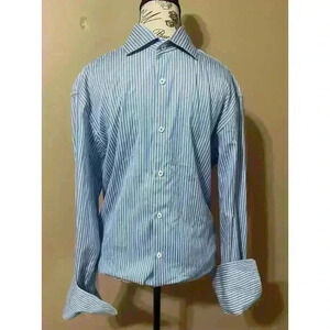 Bugatchi Shirt Mens X-Large Blue Stripe Flip Cuff Button Up Sharp Fit EUC